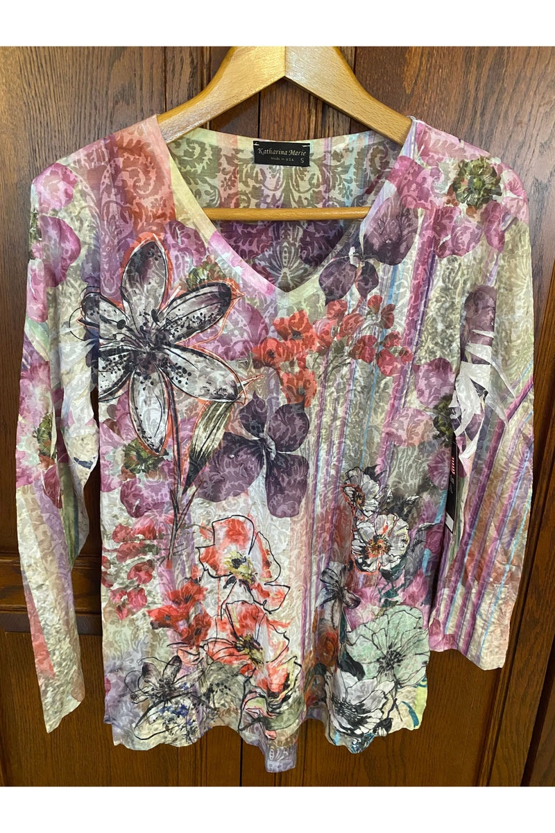 Katharina Marie -3/4 Sleeve Burnout Top -V Neck - Bright Floral - 095