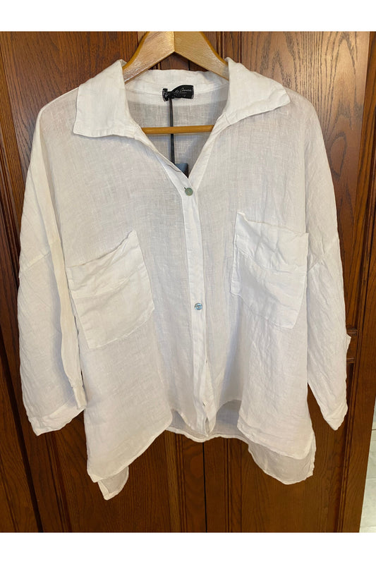 Bella Amore - White Linen Oversized Button Down Pocket Shirt - 1741