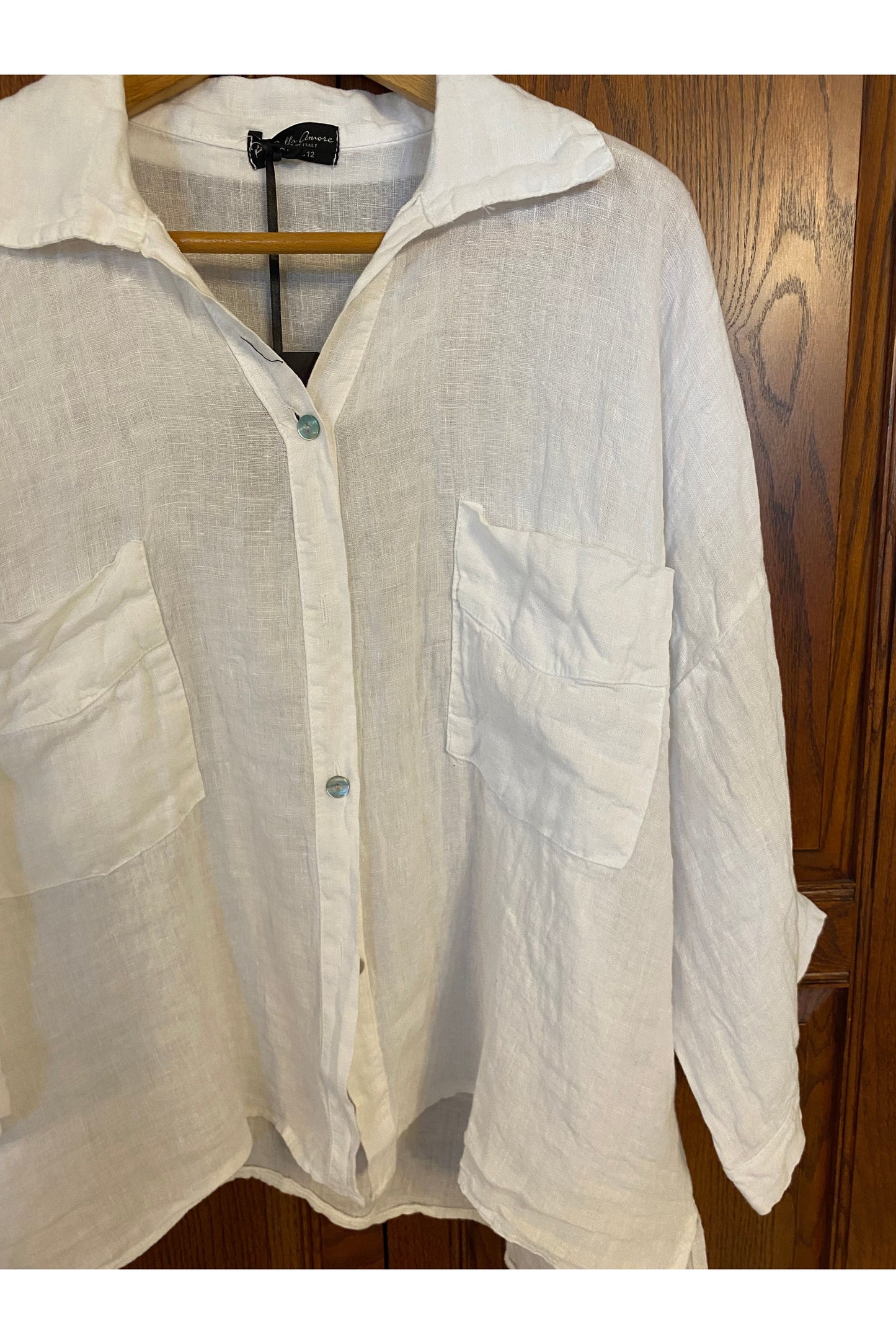 Bella Amore - White Linen Oversized Button Down Pocket Shirt - 1741