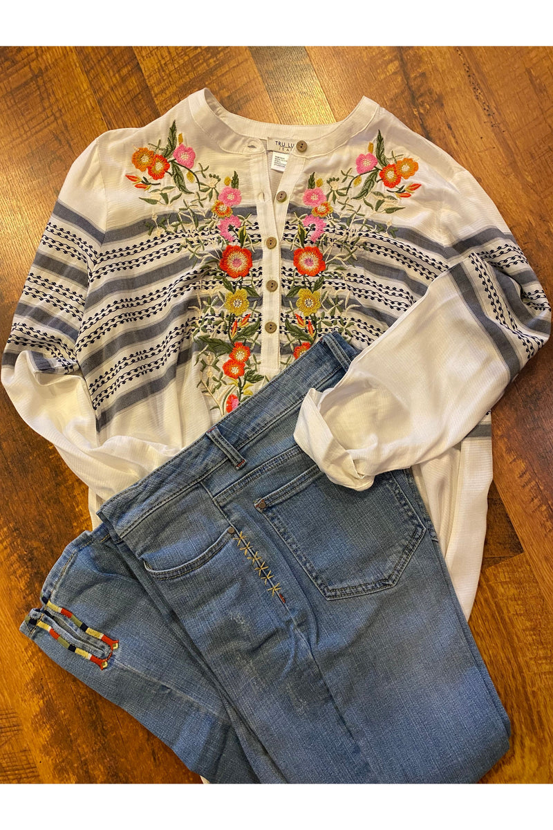 Tru Luxe - Button Down Tunic With Embroidery & Stripe Detail - Multi Colored - T12294BM