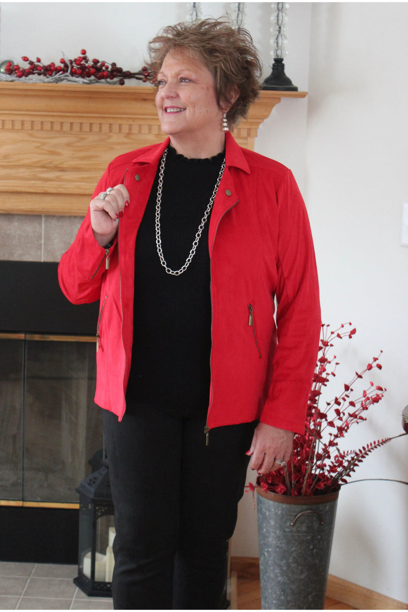 Multiples - Zip Front Faux Suede Jacket with 2 Zip Front Pockets - In Scarlet & Citron - M41206JM