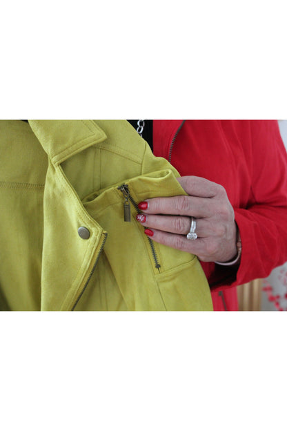 Multiples - Zip Front Faux Suede Jacket with 2 Zip Front Pockets - In Scarlet & Citron - M41206JM