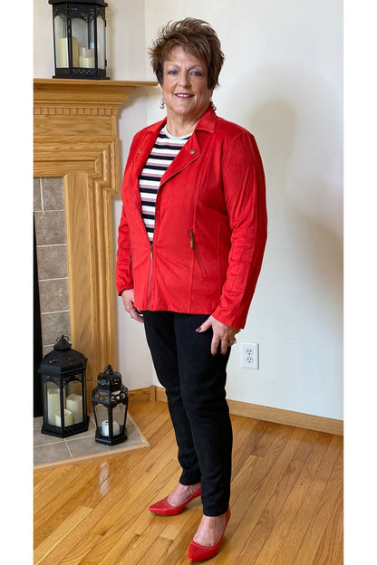 Multiples - Zip Front Faux Suede Jacket with 2 Zip Front Pockets - In Scarlet & Citron - M41206JM