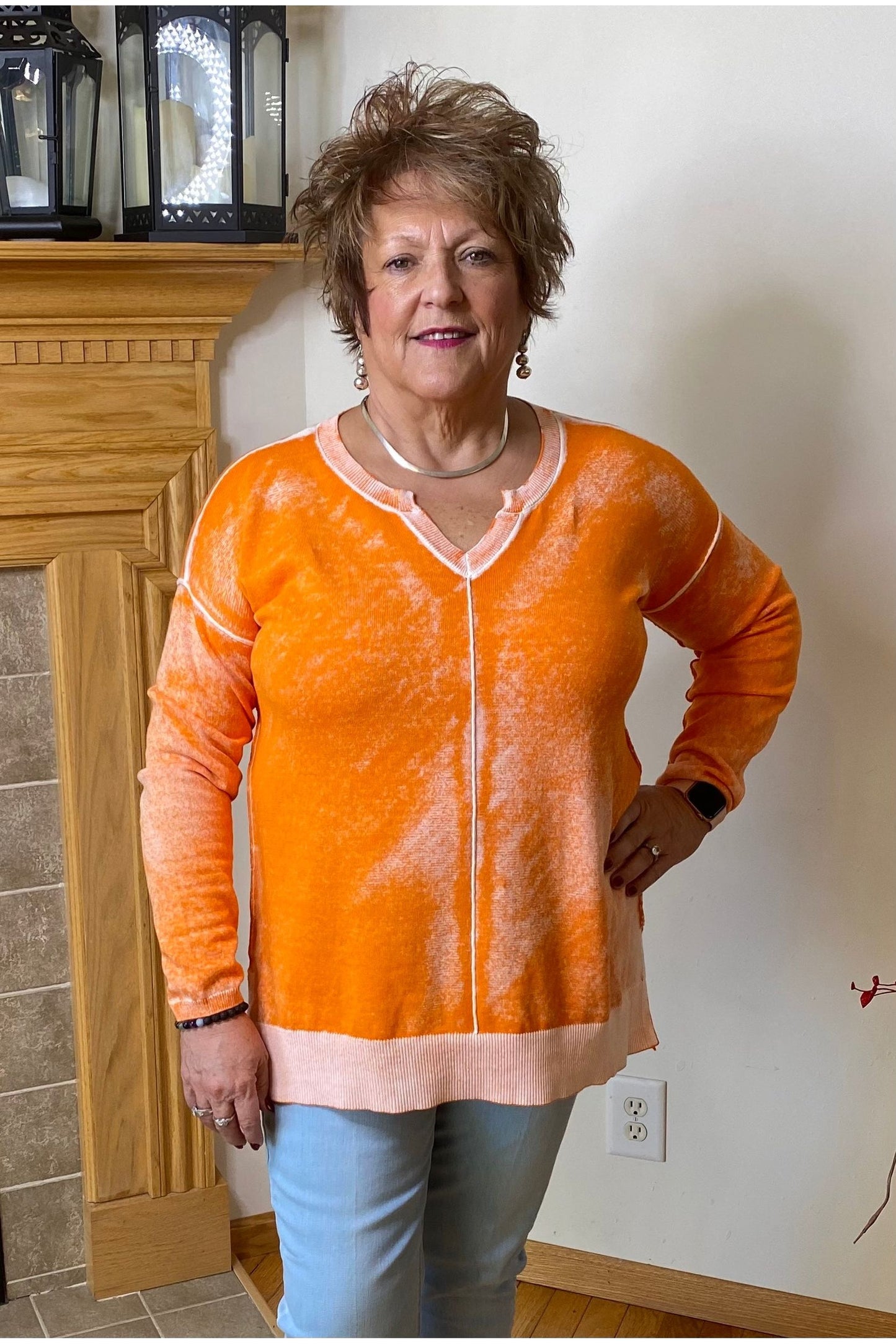 Tru Luxe - Reverse Printed Notch Neck Sweater - Azure & Bright Orange - T12276KM