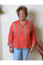 Tru Luxe - Embroidered Peasant Top - Coral & French Blue - T12265BM