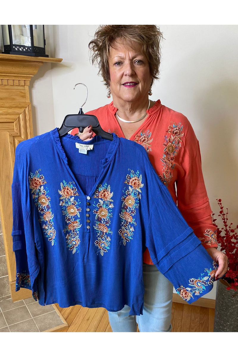 Tru Luxe - Embroidered Peasant Top - Coral & French Blue - T12265BM