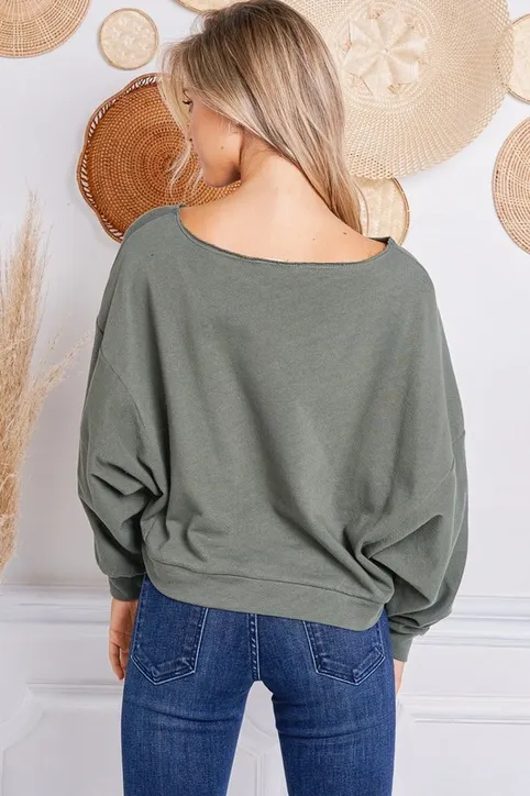 Jolie - Cropped Off the Shoulder Sweatshirt - Olive