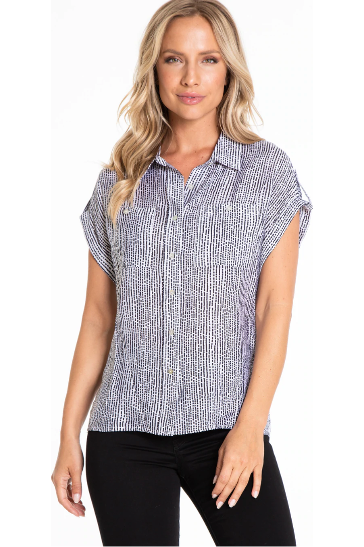 Multiples - Button Tab Dolman Cap Sleeve Button Front 2-Pocket Hi-Lo Shirt - BLWHPR - M22101BM
