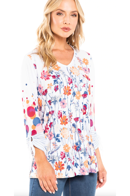 Multiples - 3/4 Drawstring Sleeve, V-Neck, Fly Away Back, Swing Top - M12412TM - Multi