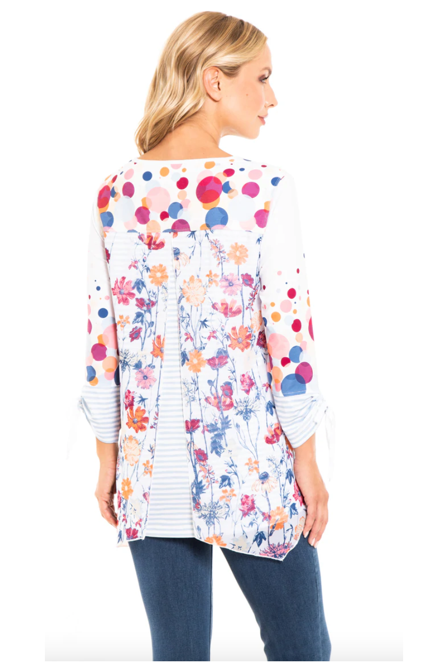 Multiples - 3/4 Drawstring Sleeve, V-Neck, Fly Away Back, Swing Top - M12412TM - Multi