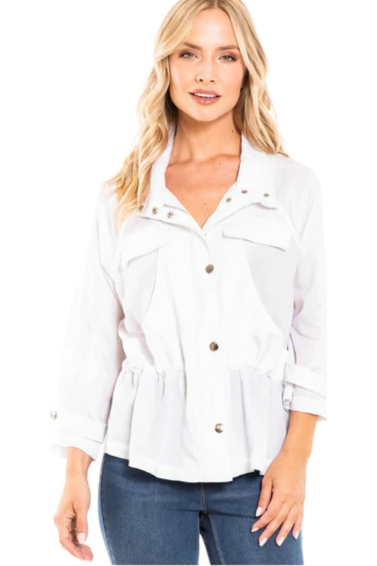 Multiples - Zip & Snap Front Drawstring Waist Jacket - M12405JM - White