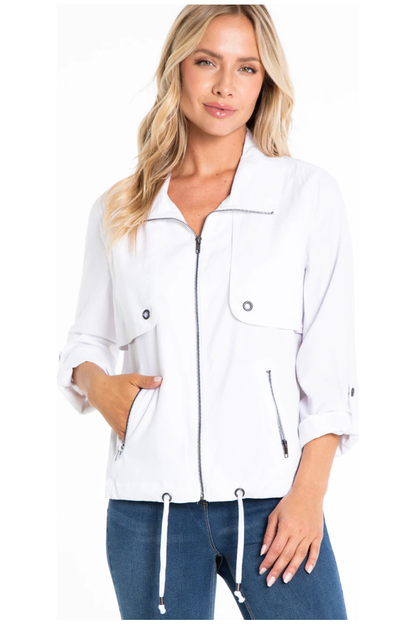 Multiples - Roll Tab Sleeve Zip Thru Collar 2-Zip Pocket Trench Jacket - White - M22407JM