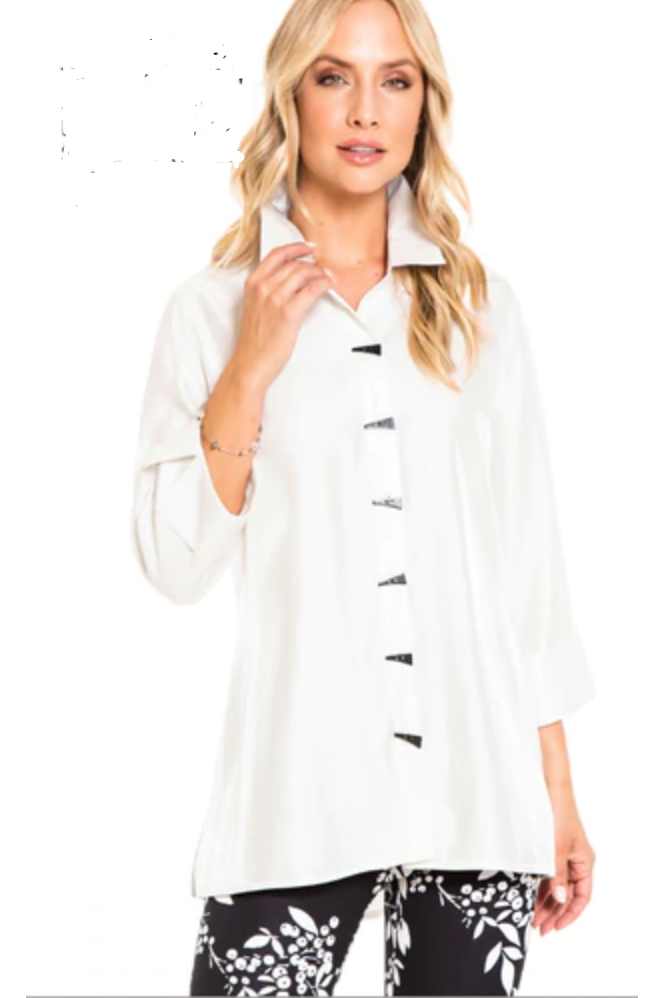 Multiples - Turn Up Cuff 3/4 Sleeve Button Front/Back Hi-Lo Shirt - White - M12512BM, M12512BW