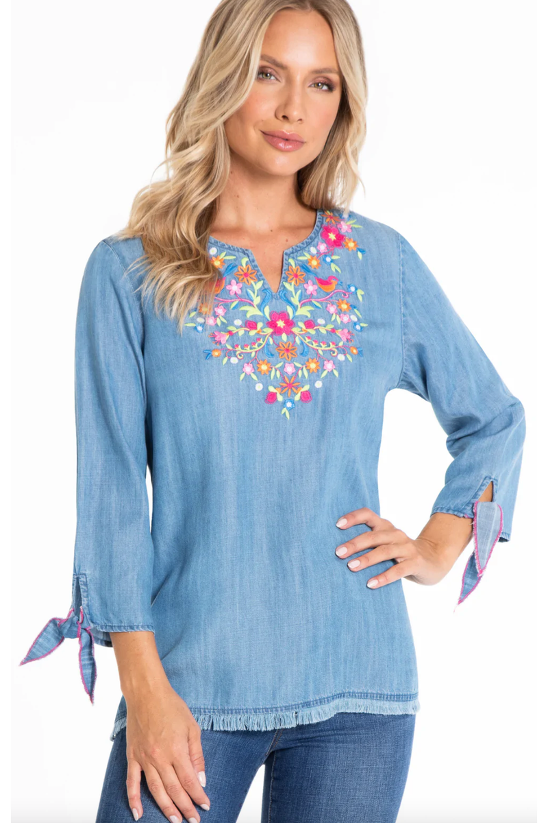 Multiples - 3/4 Tie Sleeve Notch Neck Top w/Embroidery - Multi - M22304TM