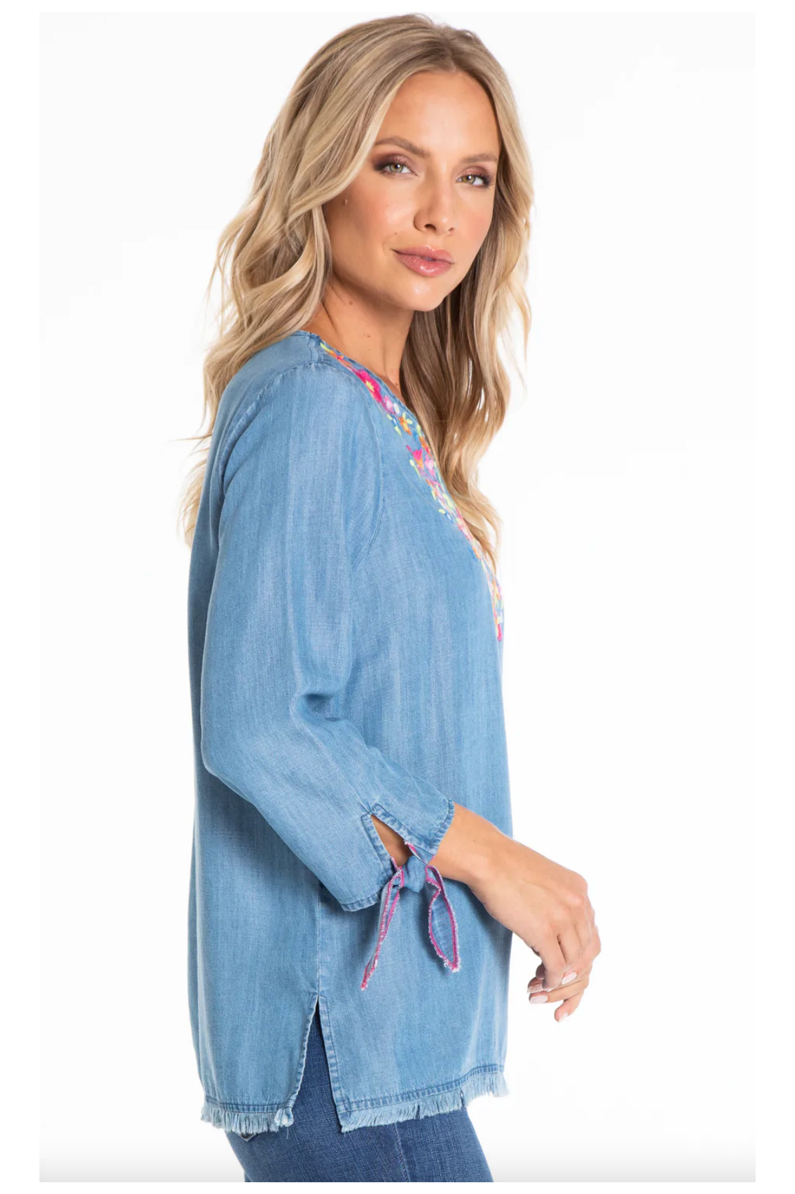 Multiples - 3/4 Tie Sleeve Notch Neck Top w/Embroidery - Multi - M22304TM