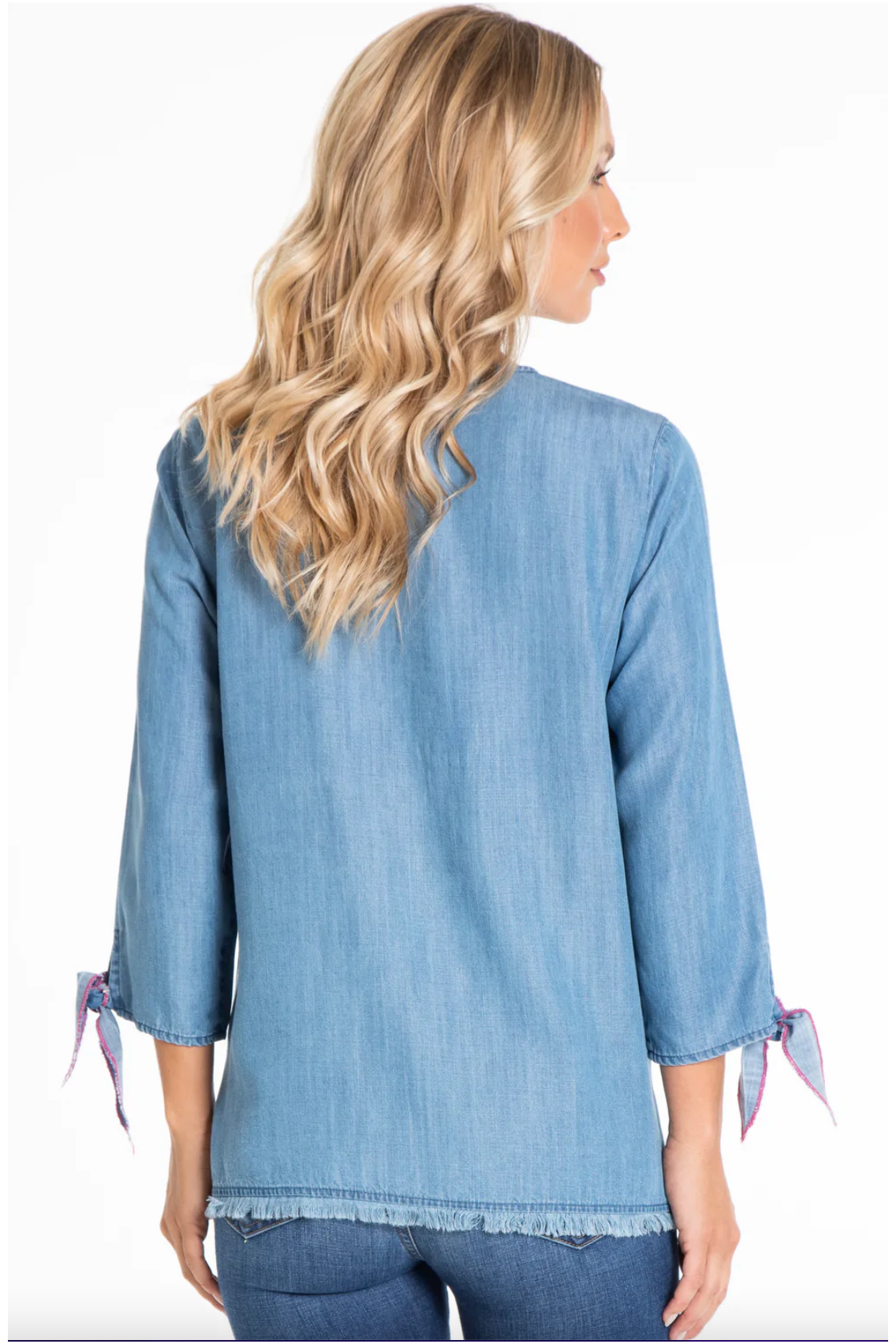 Multiples - 3/4 Tie Sleeve Notch Neck Top w/Embroidery - Multi - M22304TM