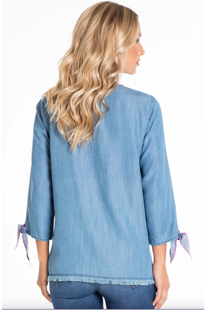 Multiples - 3/4 Tie Sleeve Notch Neck Top w/Embroidery - Multi - M22304TM