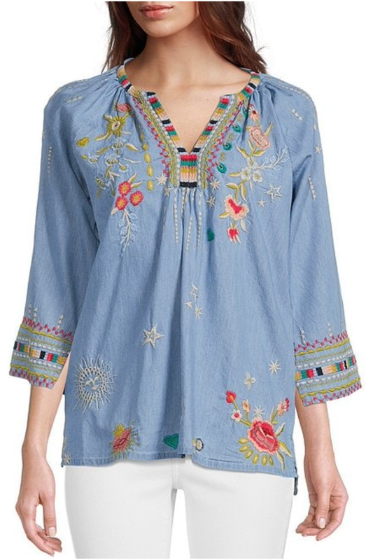 Tru Luxe - Embroidered Notch Neck Tunic - Light Indigo - T12300BM