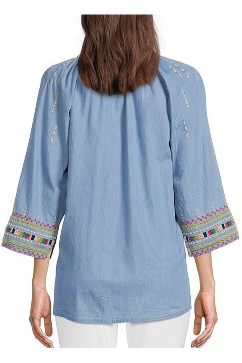 Tru Luxe - Embroidered Notch Neck Tunic - Light Indigo - T12300BM