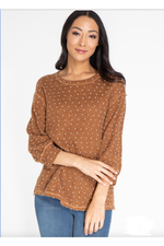 Multiples - Cuffed 3/4 Sleeve Drop Shoulder White Dot CRDVAN or Tobacco Knit Sweater - M42201TM
