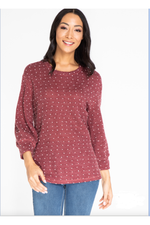 Multiples - Cuffed 3/4 Sleeve Drop Shoulder White Dot CRDVAN or Tobacco Knit Sweater - M42201TM