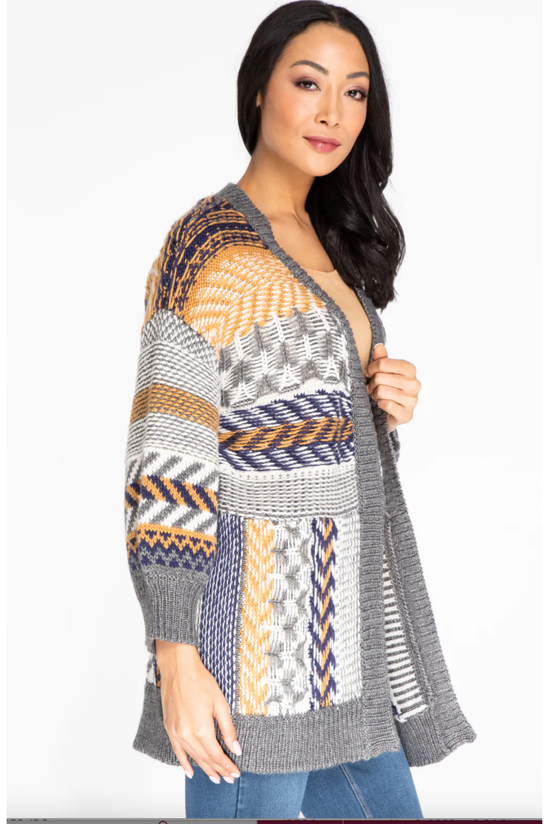 Multiples - Cuffed 3/4 Sleeve Drop Shoulder Banded Open Front Cardigan Sweater - M42205KM - Multi