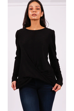 ISCA - Round Neck Long Sleeve Top with Puffy Sleeves, Front Knot Detail - 8361 - Black