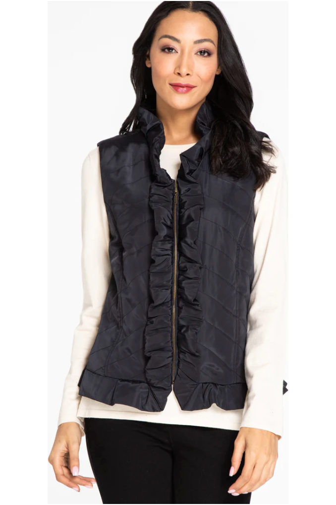 Multiples- Zip Front Ruffle Trim Quilted Vest - M42404VM/M42404VW - Black