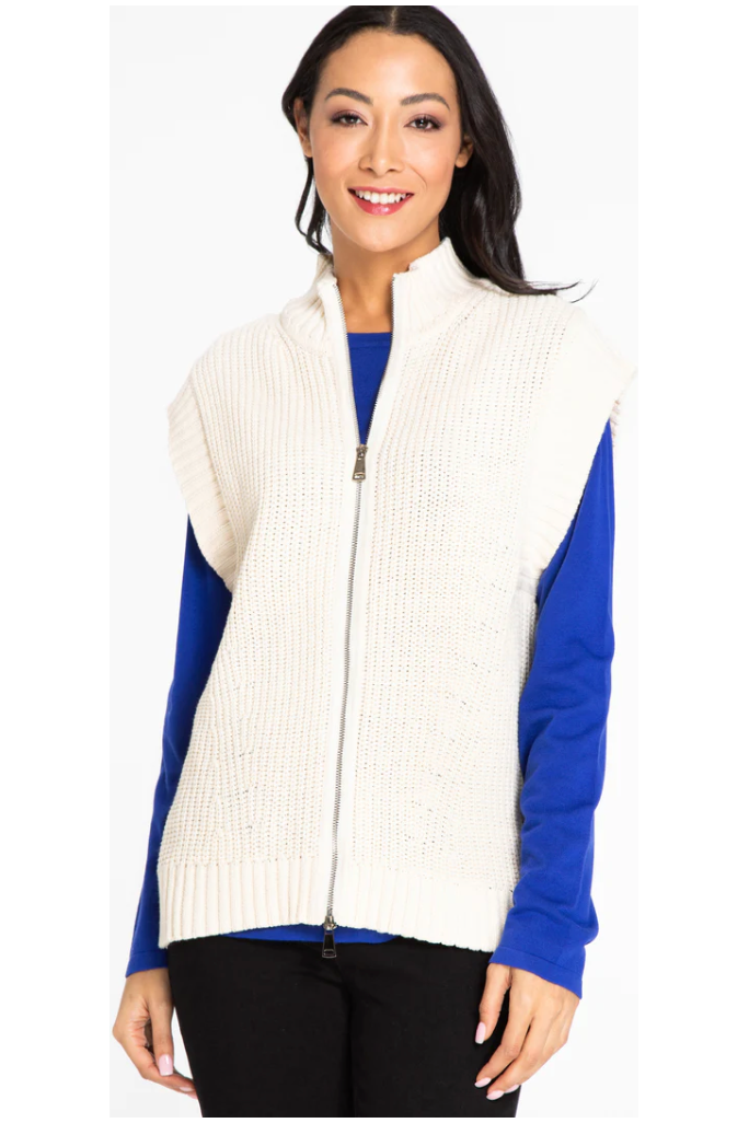 Multiples - Mock Neck Zip Front Sweater Vest - Vanilla -M42502