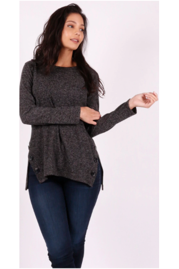 Isca - Top with round neck, long sleeves and asymmetrical side slits with decorative buttons - Black - 8418777