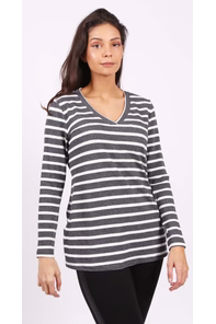 Isca - Stripe V-neck top with long sleeves. 83821120 - Black