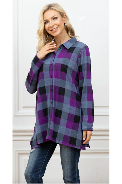 Orange Fashion Village - Modern Checkered Shirt with Buttons - Black & Purple