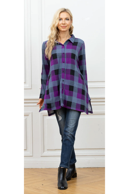 Orange Fashion Village - Modern Checkered Shirt with Buttons - Black & Purple