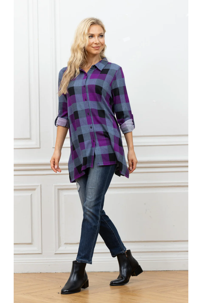 Orange Fashion Village - Modern Checkered Shirt with Buttons - Black & Purple