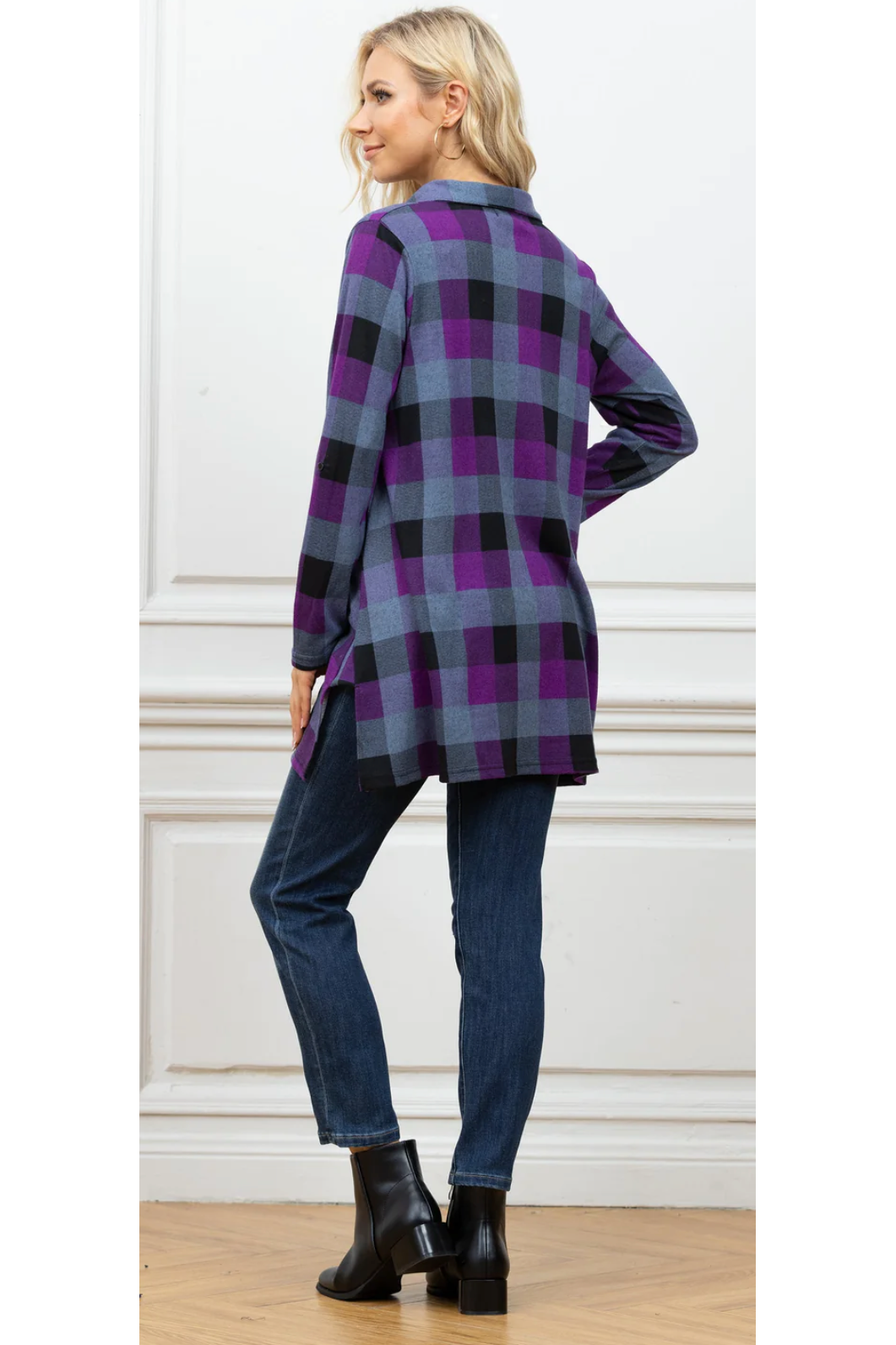 Orange Fashion Village - Modern Checkered Shirt with Buttons - Black & Purple