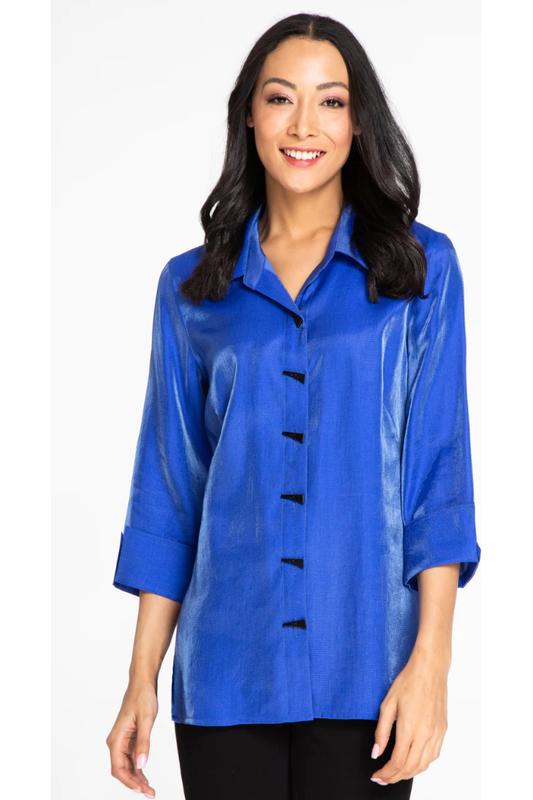 Multiples - Turn-Up Cuff 3/4 Sleeve Button Front Hi-Lo Shirt - Deep Royal Blue - M42116