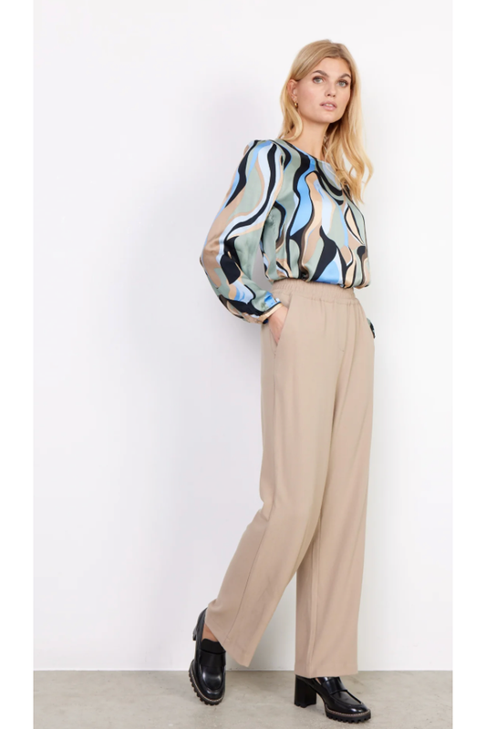 SoyaConcept - Comfortable Pants Have a High Waist, a Straight Leg, and Elastic at the Waist - Camel - 18373