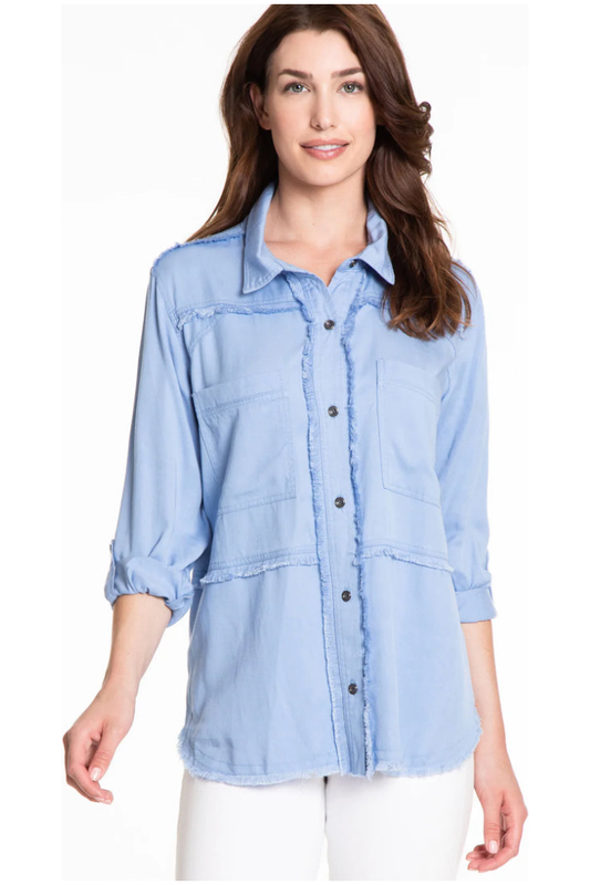 Multiples - Roll Tab Long Sleeve 2-Pocket Front Fringed Shirt - Medium Blue - M13205BM