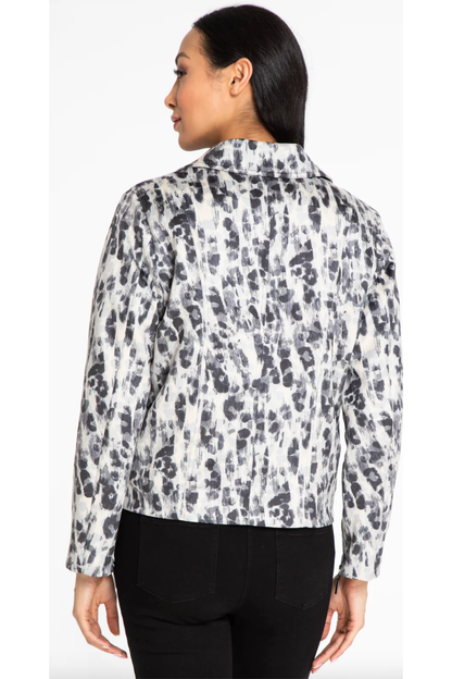 Multiples - Long Sleeve, Zip Pocket, Tab Waist, Zip Front, Animal Print Faux Suede Jacket - Cream & Black - M42512JM