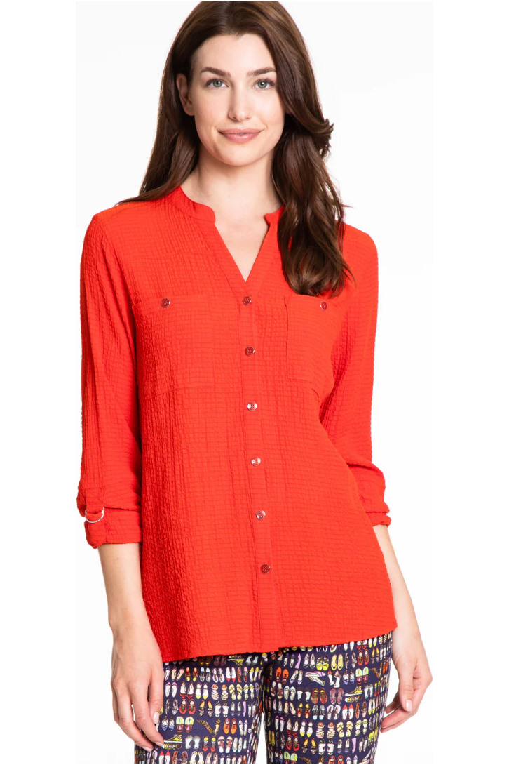 Multiples - Roll Tab Long Sleeve, Band Collar, 2 Pocket, Button Front Shirt - Poppy - 3511BM