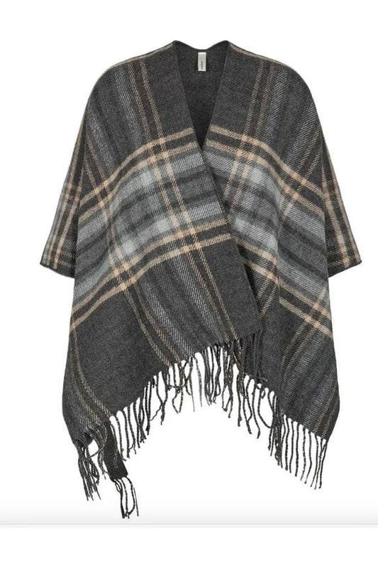 SoyaConcept from Denmark - Plaid Fringe Shawl - Dark Grey Melange